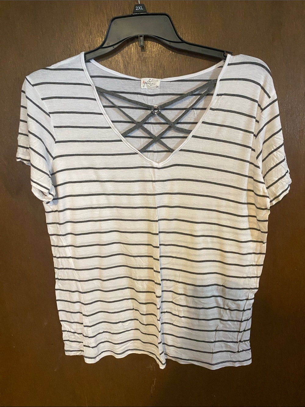Glitz White and Black Striped V‑Neck Tee with Crisscross Back